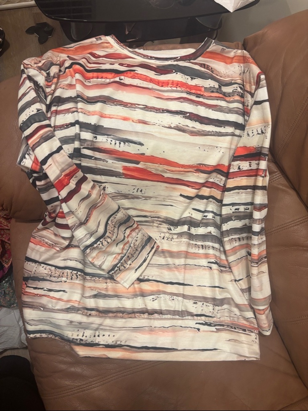 Striped Brushstroke Long Sleeve Top in Coral and Gray